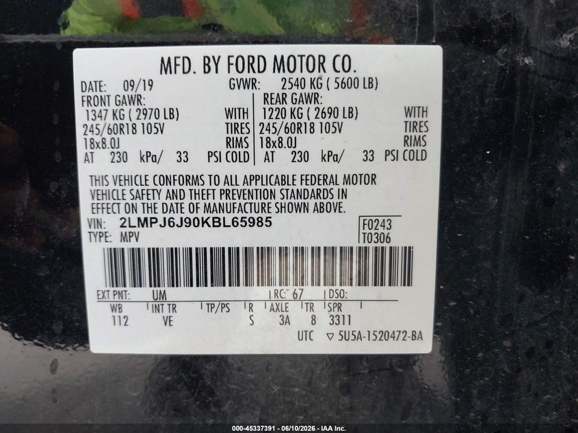 2019 Lincoln Nautilus Standard VIN: 2LMPJ6J90KBL65985 Lot: 45337391