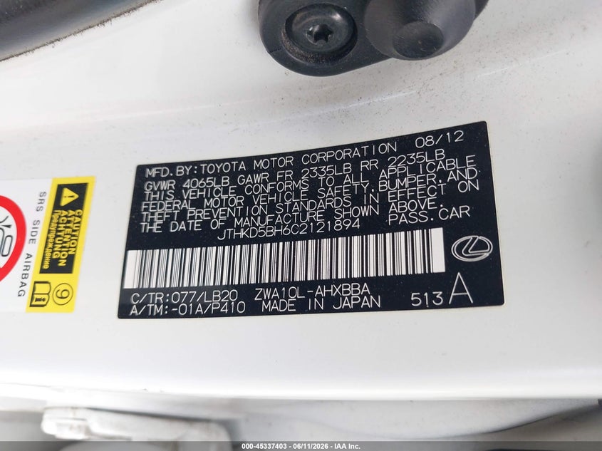 2012 Lexus Ct 200H Premium VIN: JTHKD5BH6C2121894 Lot: 45337403