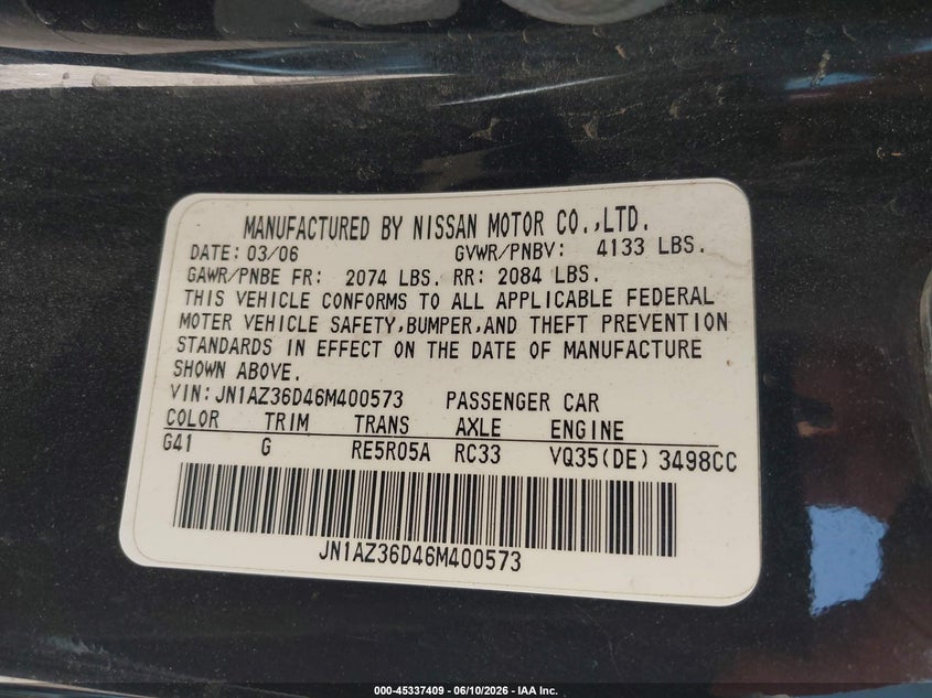 2006 Nissan 350Z Enthusiast VIN: JN1AZ36D46M400573 Lot: 45337409