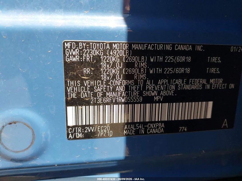2024 TOYOTA RAV4 HYBRID 2.5L I-4 DI, DOHC, V(VIN: 2T3E6RFV1RW055559