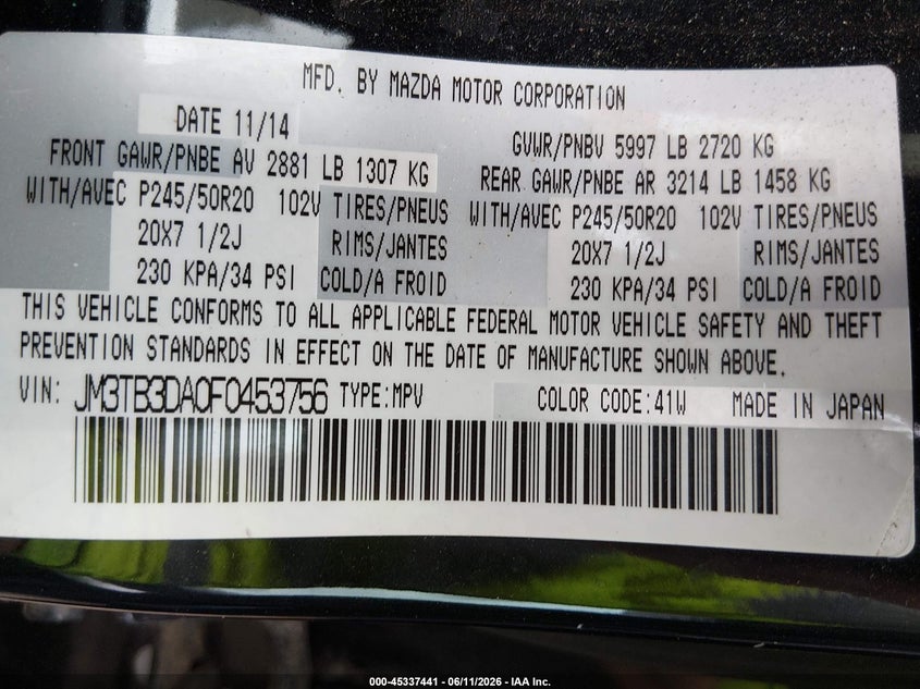 2015 Mazda Cx-9 Grand Touring VIN: JM3TB3DA0F0453756 Lot: 45337441