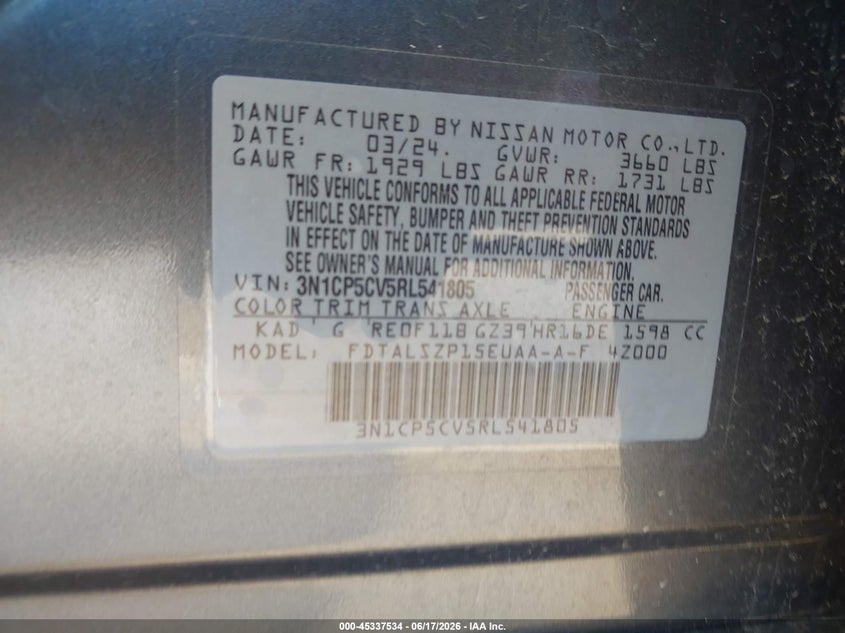 2024 Nissan Kicks Sv Xtronic Cvt VIN: 3N1CP5CV5RL541805 Lot: 45337534
