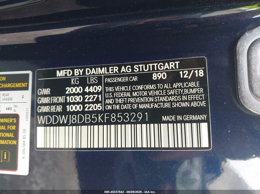2019 Mercedes-Benz C 300 VIN: WDDWJ8DB5KF853291 Lot: 45337542