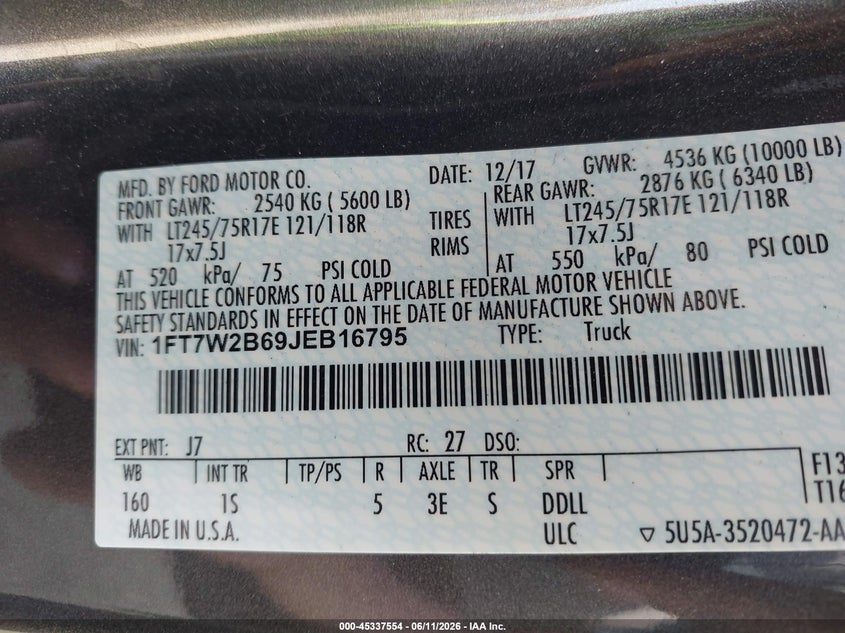 2018 Ford F-250 Xl VIN: 1FT7W2B69JEB16795 Lot: 45337554