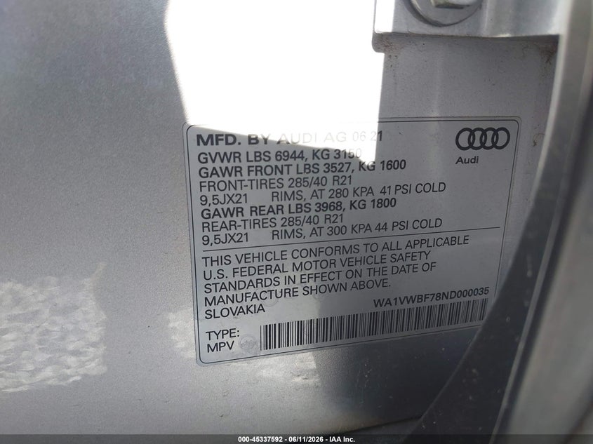 2022 Audi Sq7 Prestige Tfsi Quattro Tiptronic VIN: WA1VWBF78ND000035 Lot: 45337592