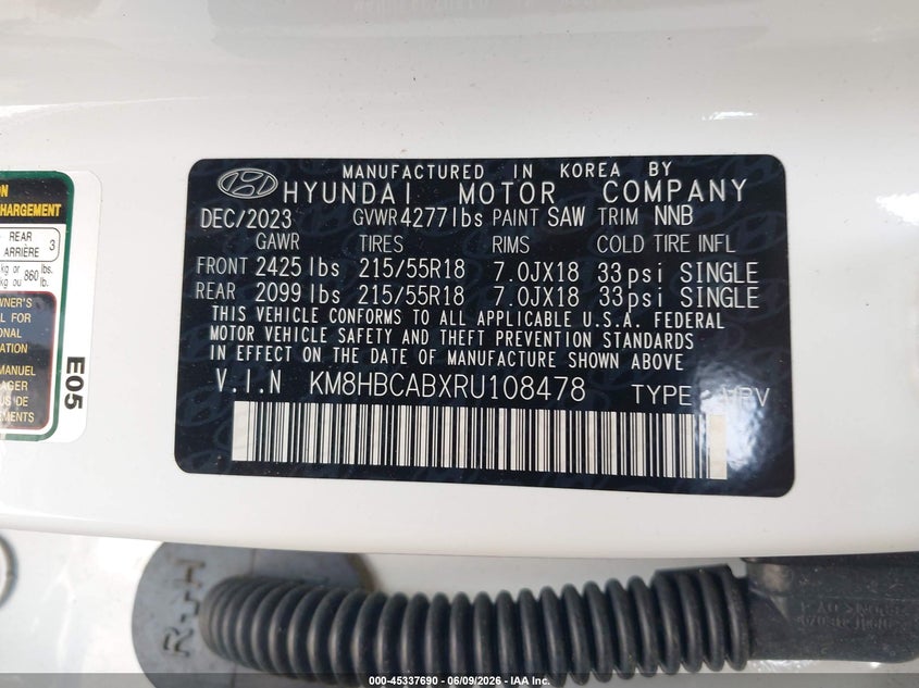 2024 Hyundai Kona Sel VIN: KM8HBCABXRU108478 Lot: 45337690