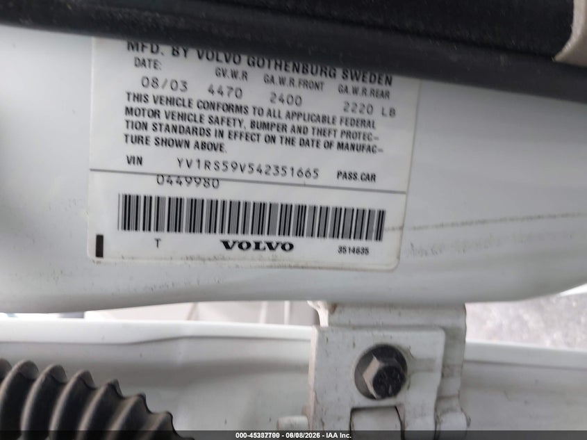 VOLVO S60 2004 VIN YV1RS59V542351665