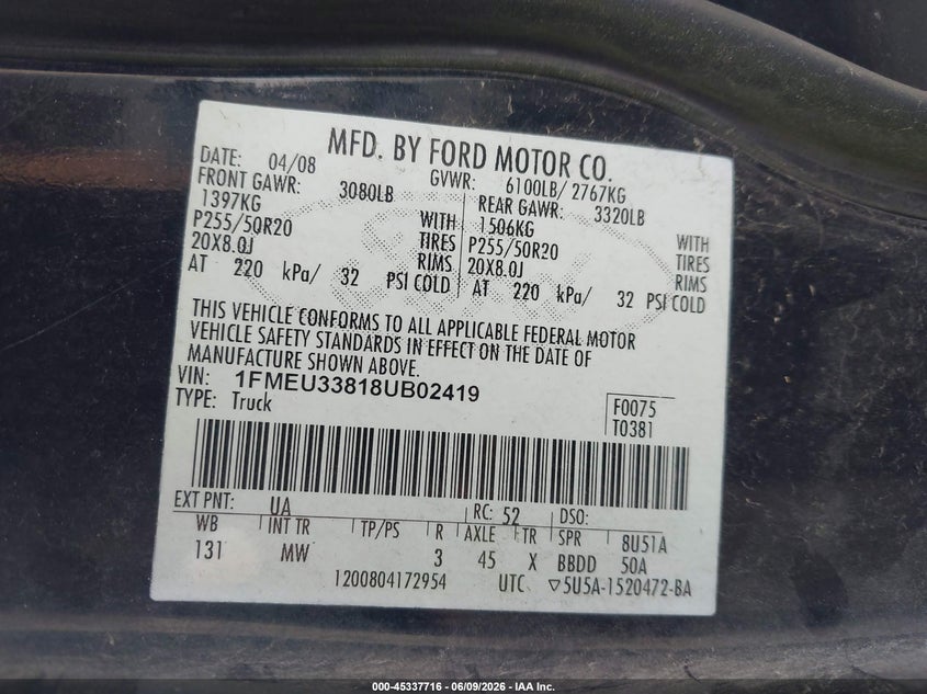 2008 Ford Explorer Sport Trac Limited VIN: 1FMEU33818UB02419 Lot: 45337716