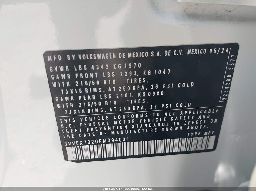 2024 Volkswagen Taos 1.5T Se VIN: 3VVEX7B20RM094031 Lot: 45337747