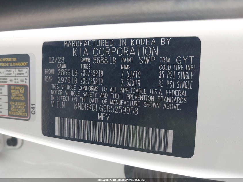 KIA SORENTO HYBRID 2024 VIN KNDRKDLG9R5259958