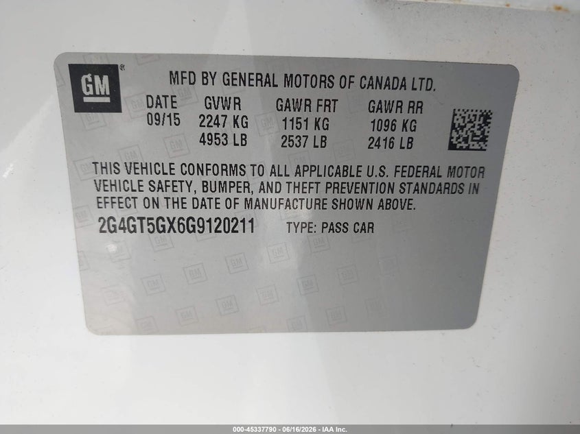 2016 Buick Regal Turbo Premium Ii VIN: 2G4GT5GX6G9120211 Lot: 45337790
