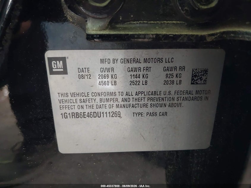 2013 Chevrolet Volt VIN: 1G1RB6E46DU111269 Lot: 45337808