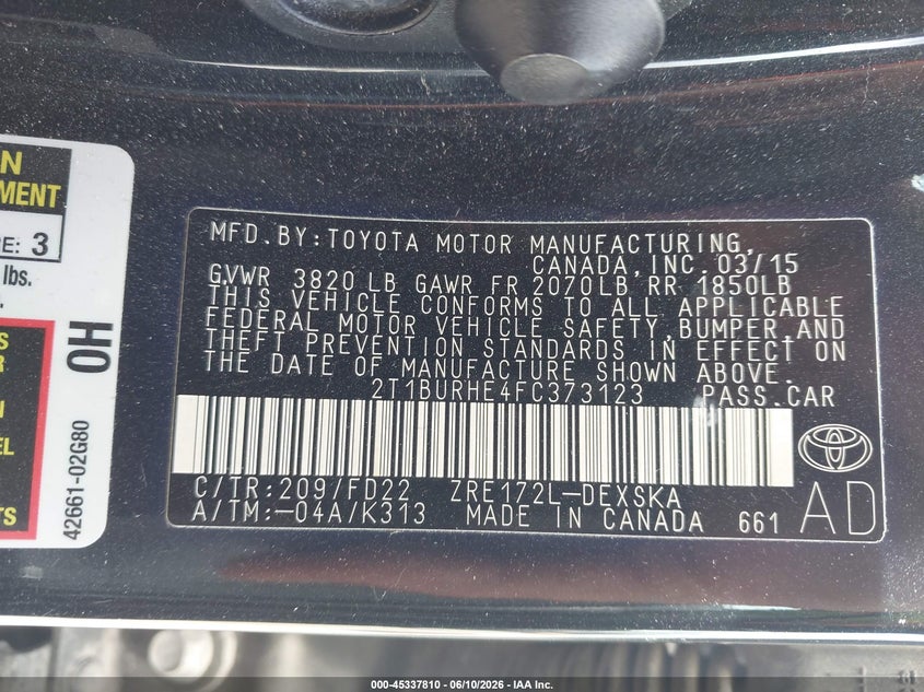 2015 TOYOTA COROLLA SEDAN 1.8L I-4 DOHC, VVT, 132HP