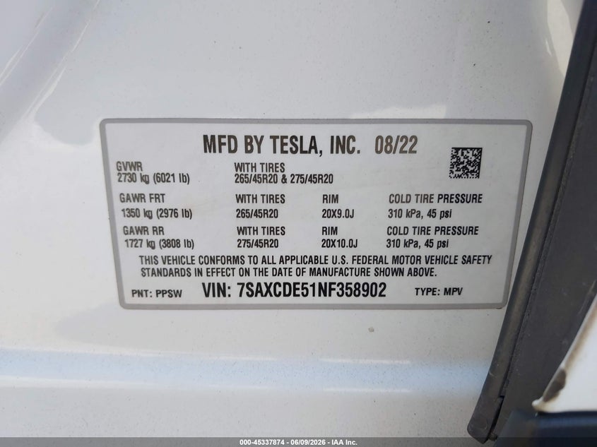 2022 Tesla Model X Dual Motor All-Wheel Drive/Plaid Tri Motor All-Wheel Drive VIN: 7SAXCDE51NF358902 Lot: 45337874