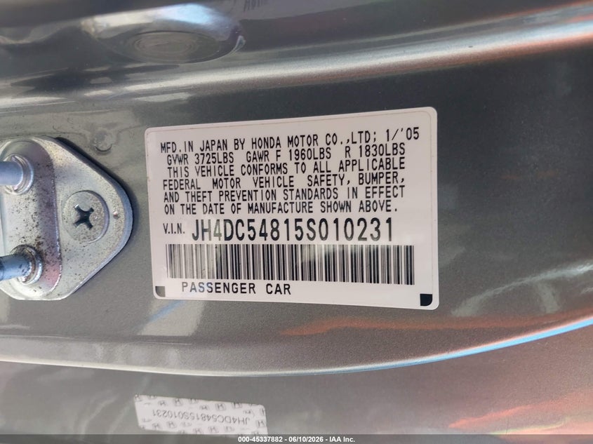 2005 Acura Rsx VIN: JH4DC54815S010231 Lot: 45337882