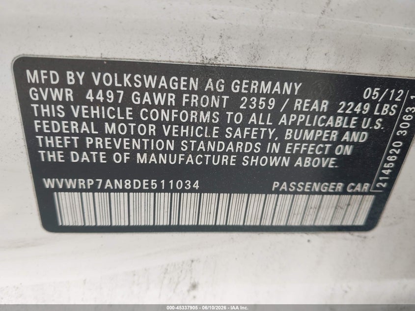 2013 Volkswagen Cc 2.0T Lux VIN: WVWRP7AN8DE511034 Lot: 45337905