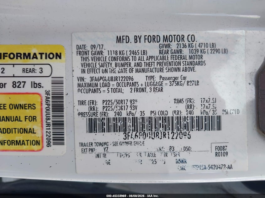 2018 FORD FUSION SEDAN 2.0L I-4 DOHC, VVT, 141HP