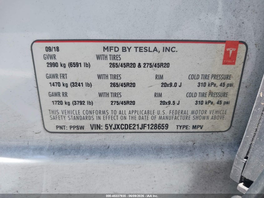 2018 Tesla Model X 100D/75D/P100D VIN: 5YJXCDE21JF128659 Lot: 45337935