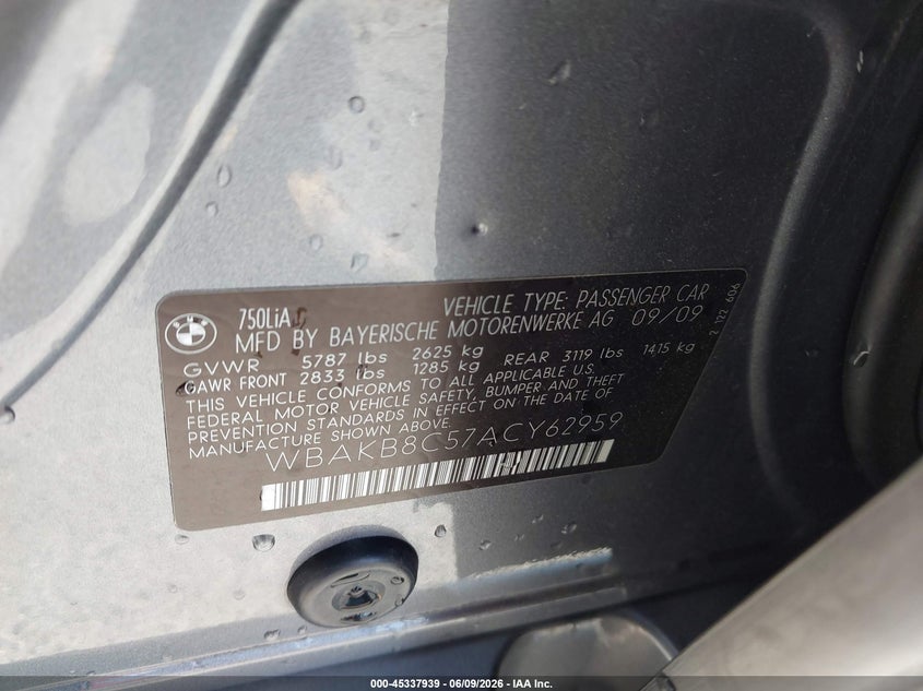 2010 BMW 750Li VIN: WBAKB8C57ACY62959 Lot: 45337939