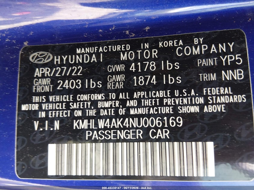 2022 Hyundai Elantra N VIN: KMHLW4AK4NU006169 Lot: 45338147