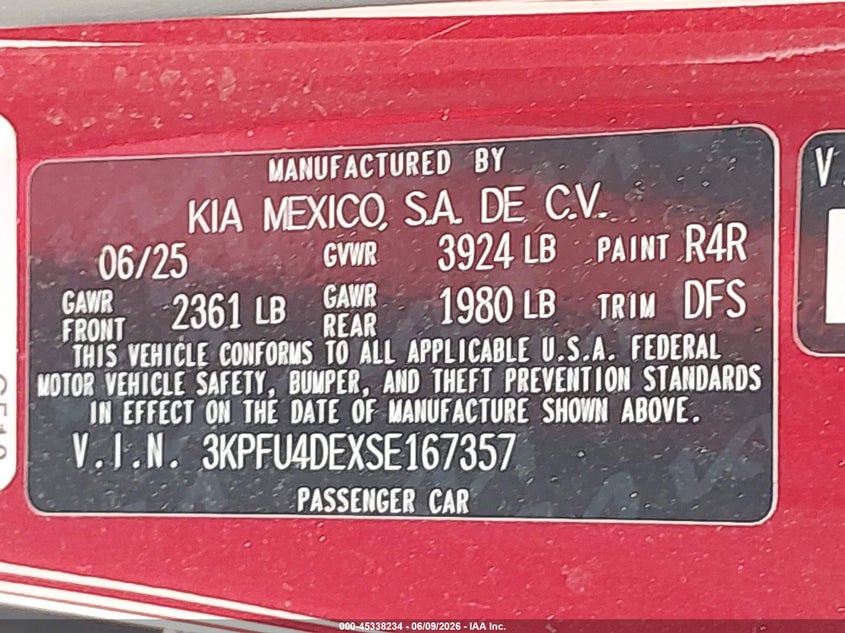 VIN 3KPFU4DEXSE167357 2025 KIA K4 EX