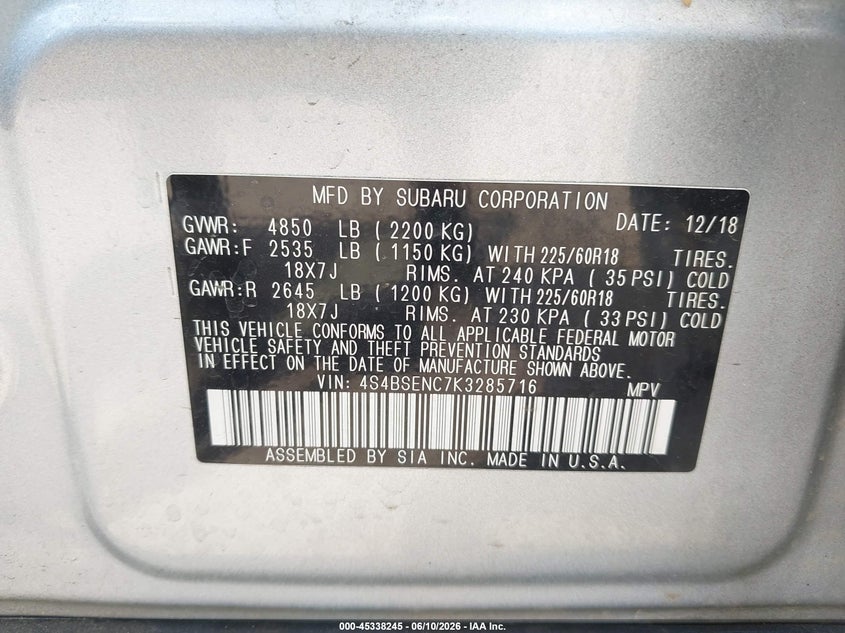 2019 SUBARU OUTBACK SPORT UTILITY VEHICLE 3.6L H-6 DOHC, VVT, 256HP