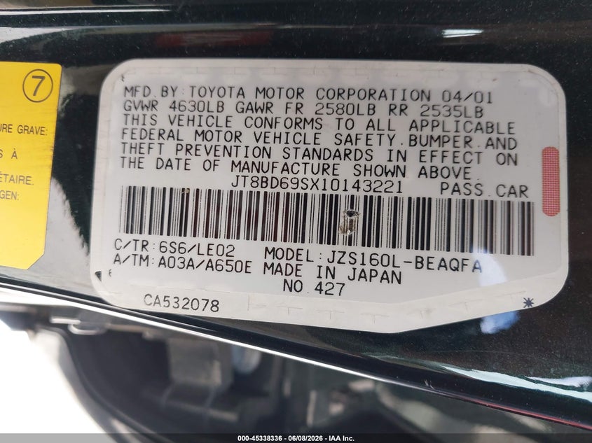 2001 Lexus Gs 300 VIN: JT8BD69SX10143221 Lot: 45338336