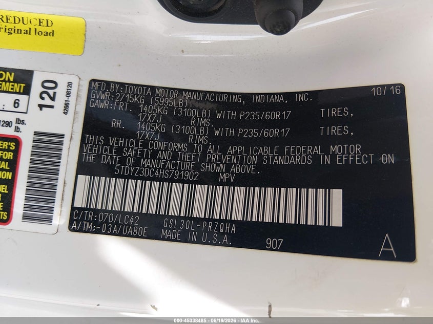 2017 TOYOTA SIENNA VAN 3.5L V-6 DI, DOHC, VVT, 296HP