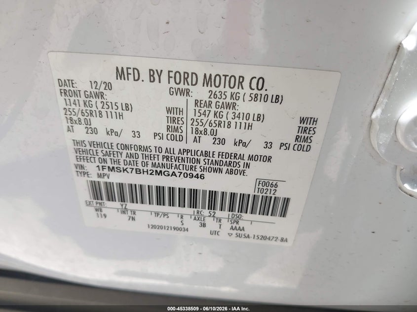 2021 FORD EXPLORER 2.3L I-4 DI, DOHC, V(VIN: 1FMSK7BH2MGA70946