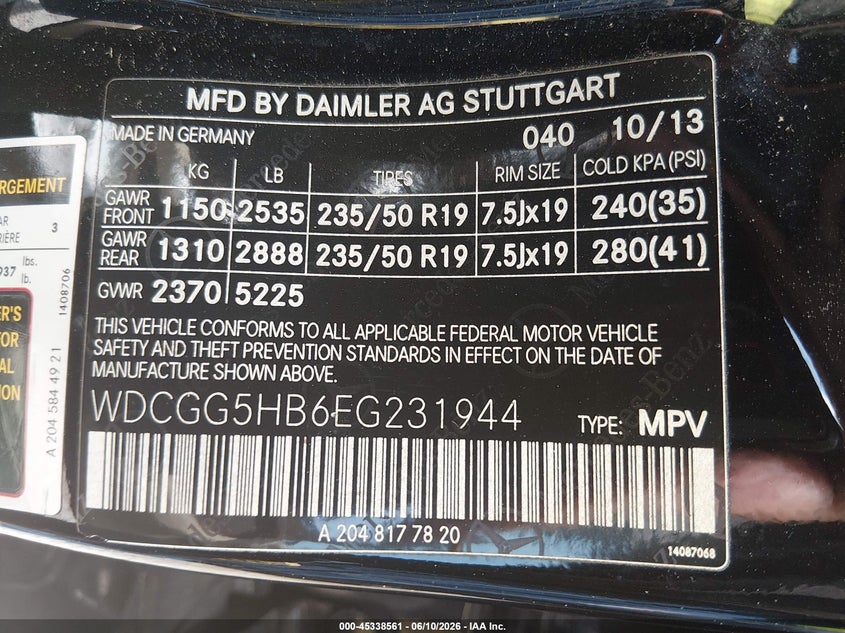 2014 Mercedes-Benz Glk 350 VIN: WDCGG5HB6EG231944 Lot: 45338561
