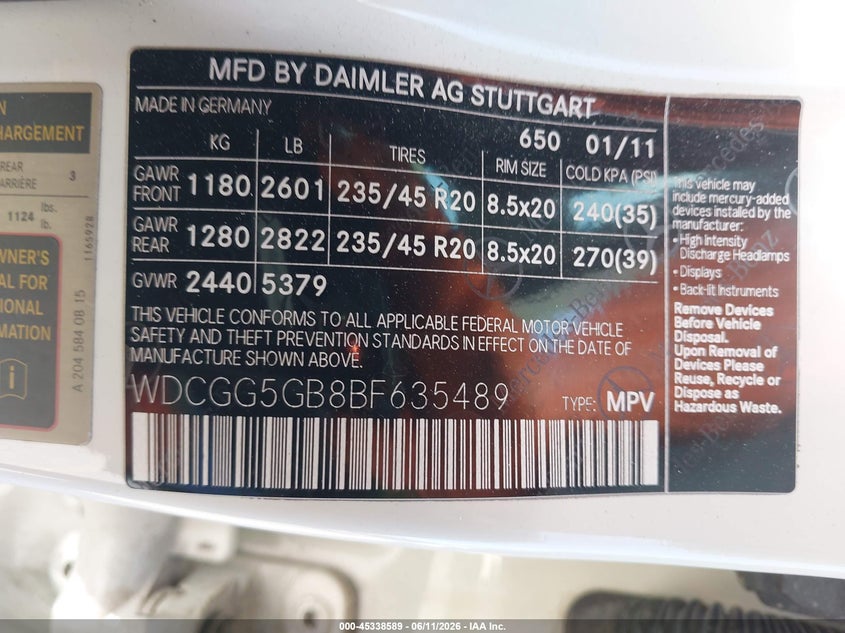 2011 Mercedes-Benz Glk 350 VIN: WDCGG5GB8BF635489 Lot: 45338589