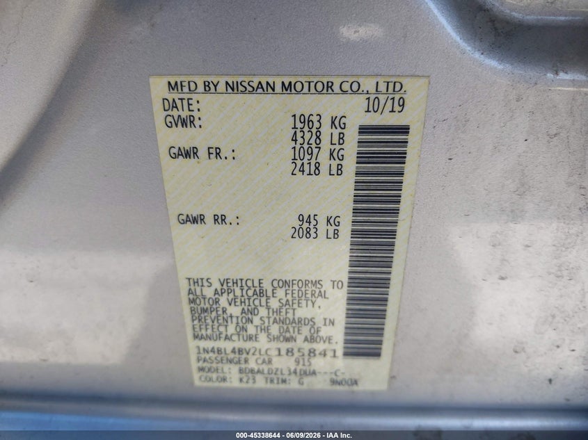 VIN 1N4BL4BV2LC185841 2020 NISSAN ALTIMA S FWD