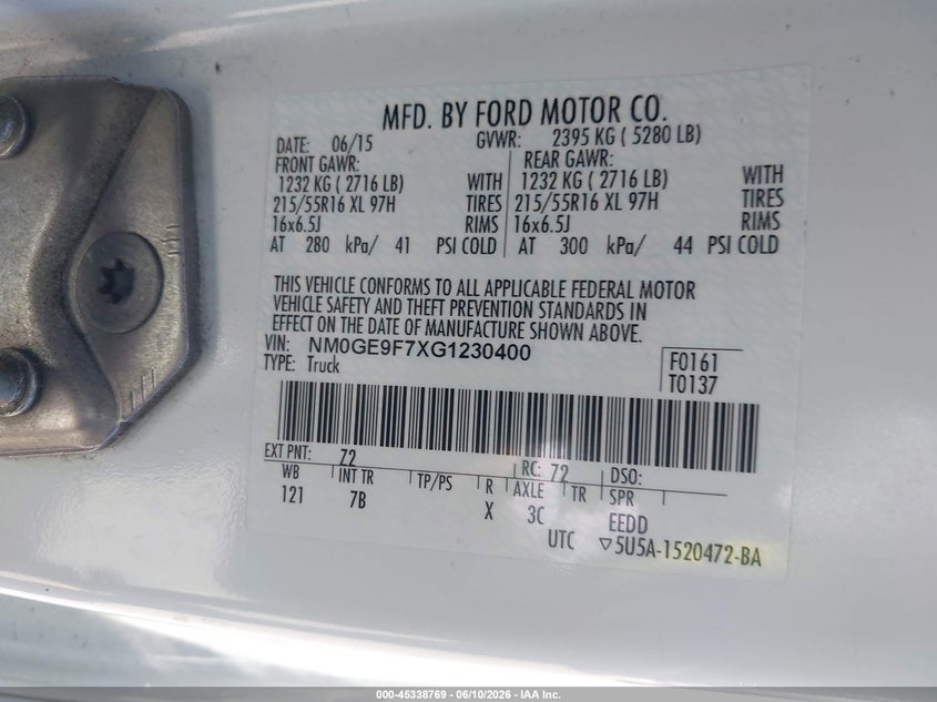 FORD TRANSIT CONNECT 2016 VIN NM0GE9F7XG1230400