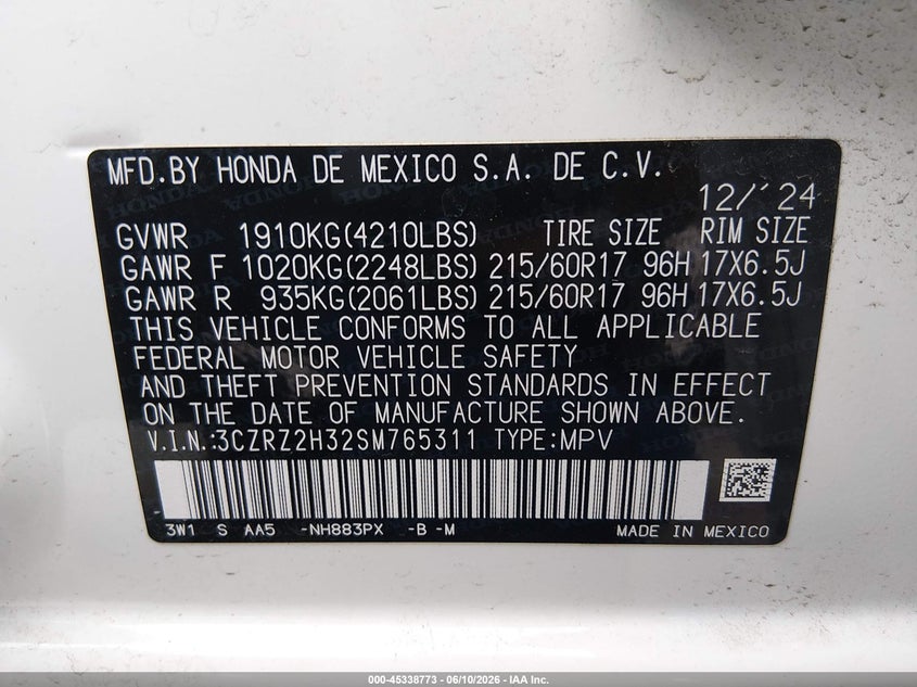 VIN 3CZRZ2H32SM765311 2025 HONDA HR-V AWD LX