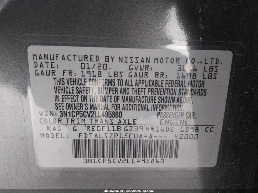 VIN 3N1CP5CV2LL495860 2020 NISSAN KICKS SV XTRONIC CVT