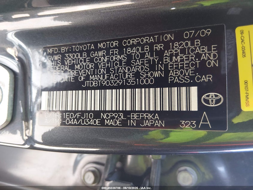 2009 Toyota Yaris VIN: JTDBT903291351000 Lot: 45338786