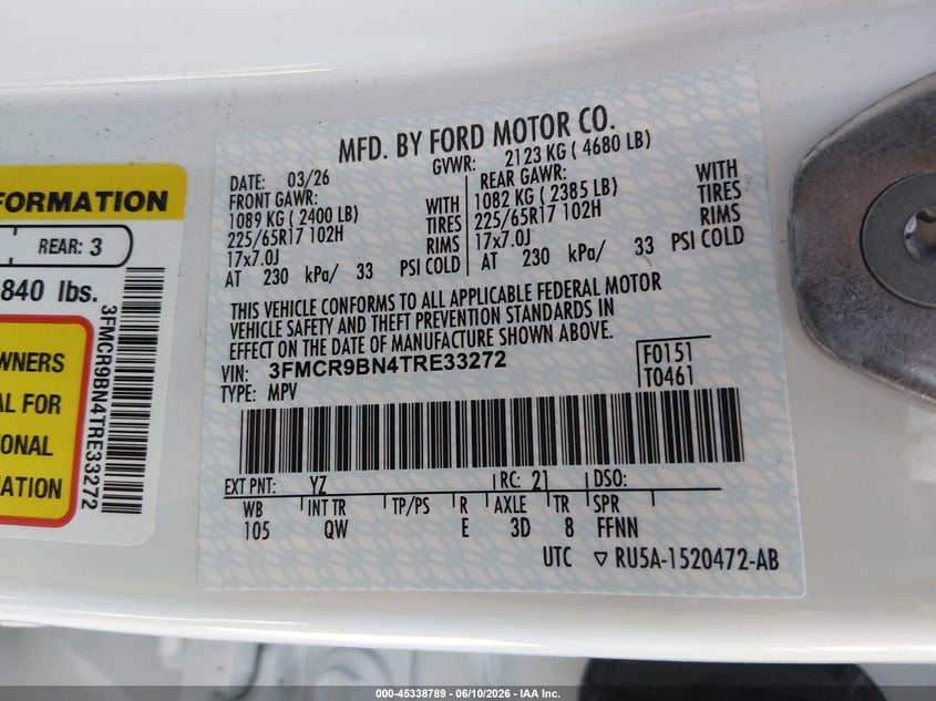 2026 Ford Bronco Sport Big Bend VIN: 3FMCR9BN4TRE33272 Lot: 45338789