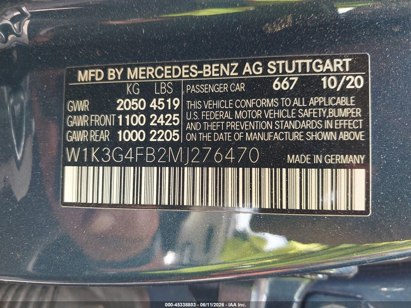 2021 Mercedes-Benz A 220 4Matic VIN: W1K3G4FB2MJ276470 Lot: 45338803