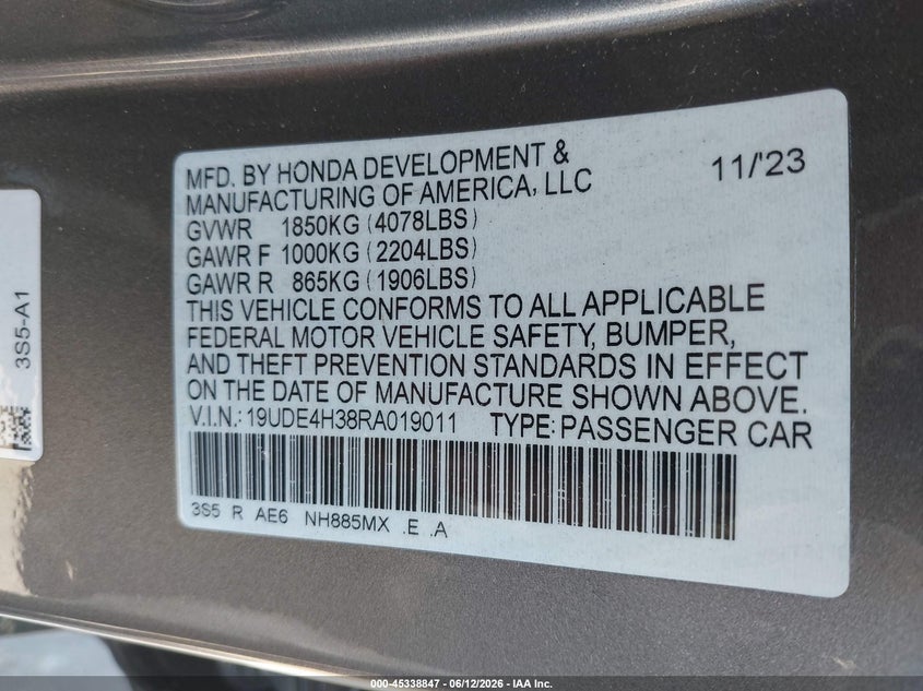 2024 Acura Integra A-Spec VIN: 19UDE4H38RA019011 Lot: 45338847