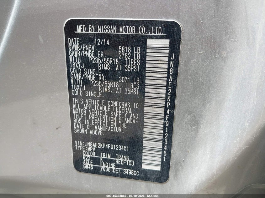 2015 Nissan Quest Sl VIN: JN8AE2KP4F9123451 Lot: 45338869