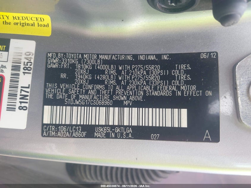 TOYOTA SEQUOIA 2012 VIN 5TDJW5G17CS068960