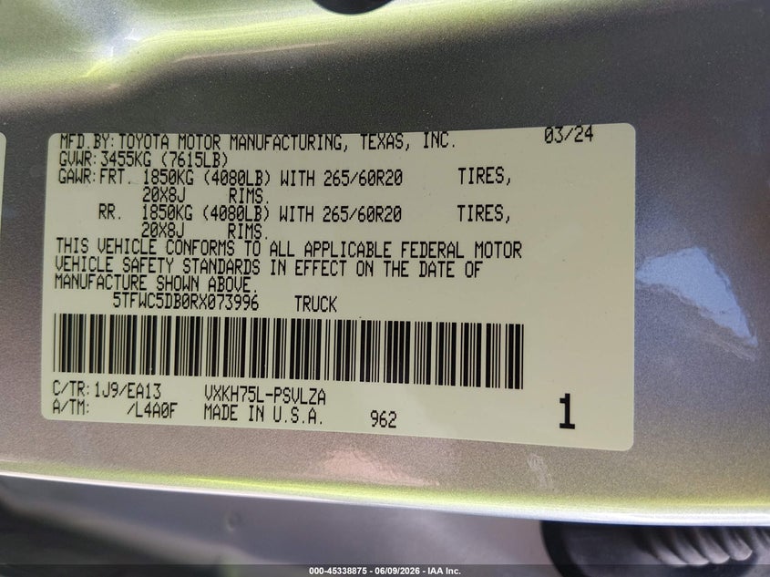 TOYOTA TUNDRA HYBRID 2024 VIN 5TFWC5DB0RX073996