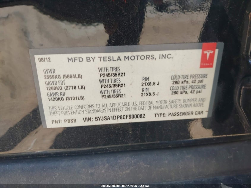 2012 Tesla Model S Performance/Signature Performance VIN: 5YJSA1DP6CFS00082 Lot: 45338930