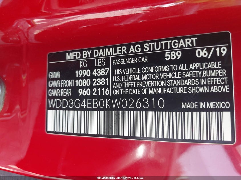 2019 Mercedes-Benz A 220 VIN: WDD3G4EB0KW026310 Lot: 45339045