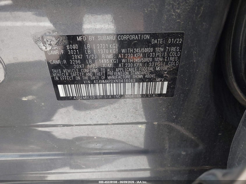 2022 Subaru Ascent Limited VIN: 4S4WMAPDXN3418063 Lot: 45339108