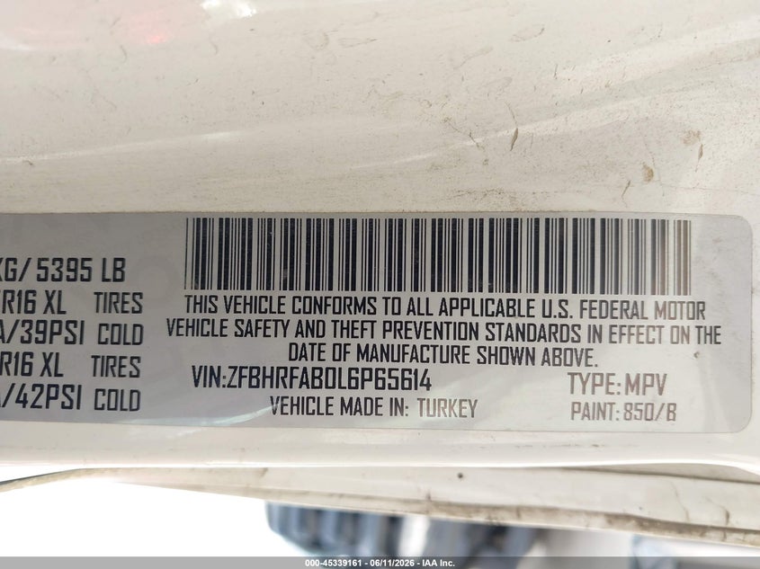 2020 Ram Promaster City Tradesman VIN: ZFBHRFAB0L6P65614 Lot: 45339161