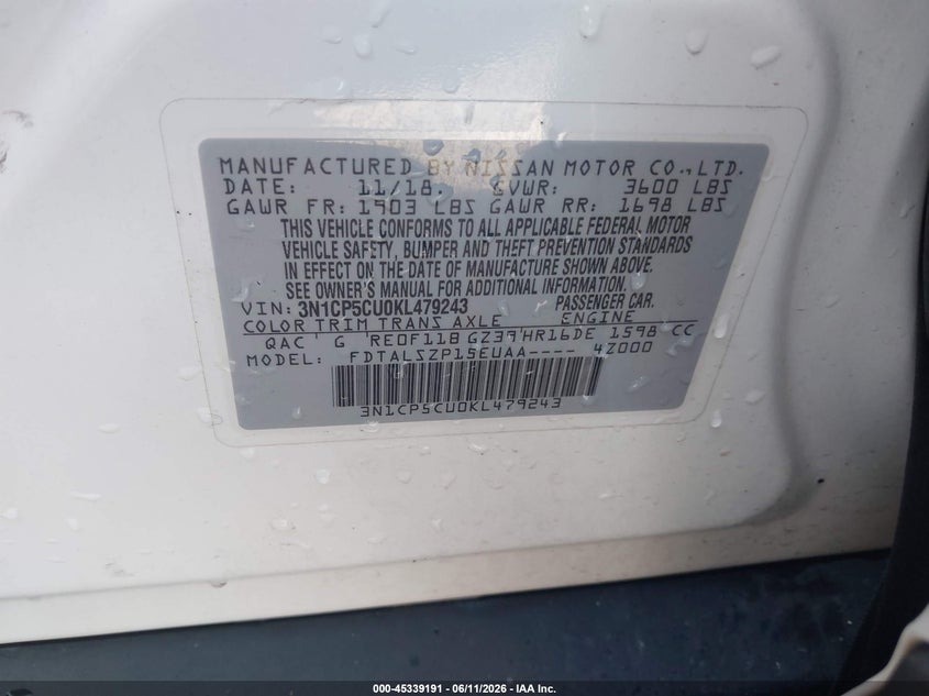 2019 Nissan Kicks Sv VIN: 3N1CP5CU0KL479243 Lot: 45339191