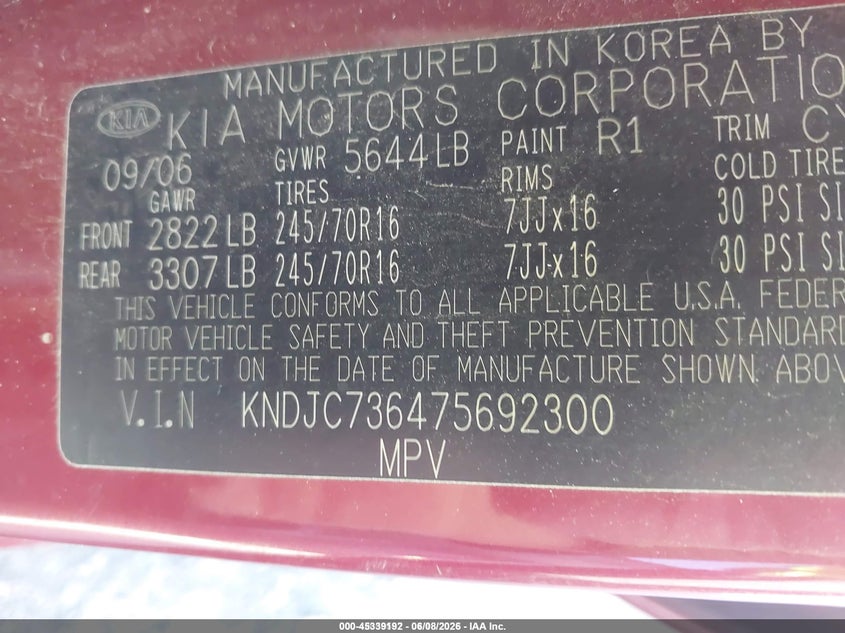 2007 KIA SORENTO SPORT UTILITY VEHICLE 3.8L V-6 DOHC, VVT, 262HP