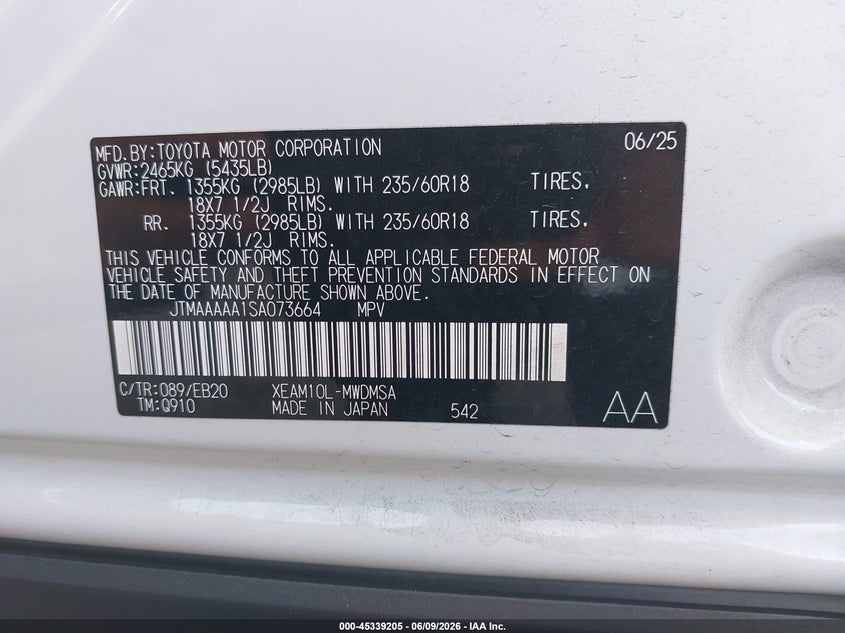 2025 Toyota Bz4X Xle VIN: JTMAAAAA1SA073664 Lot: 45339205