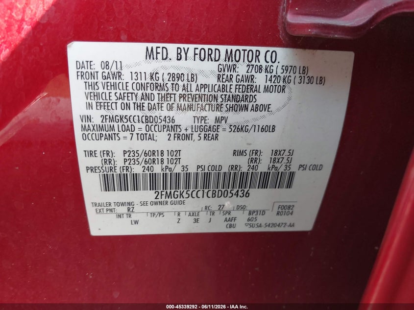 2012 Ford Flex Sel VIN: 2FMGK5CC1CBD05436 Lot: 45339292